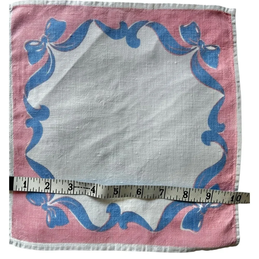 Vintage Pink & Blue Ribbon Motif Linen Napkin 10.125” X 10.75” Replacement
